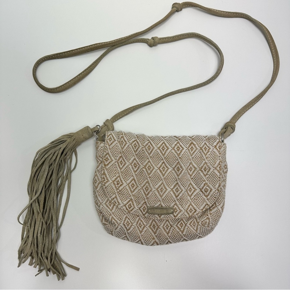 Toms Crossbody Bag Tassel Embroidered Canvas Magnetic Closure Aztec Print Cream